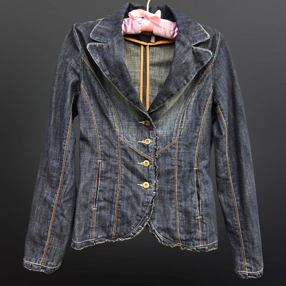 Y2K Embroidered Denim jacket Womens Size XS Victorian Fairy Blazer Ruffled Trim - Picture 2 of 10